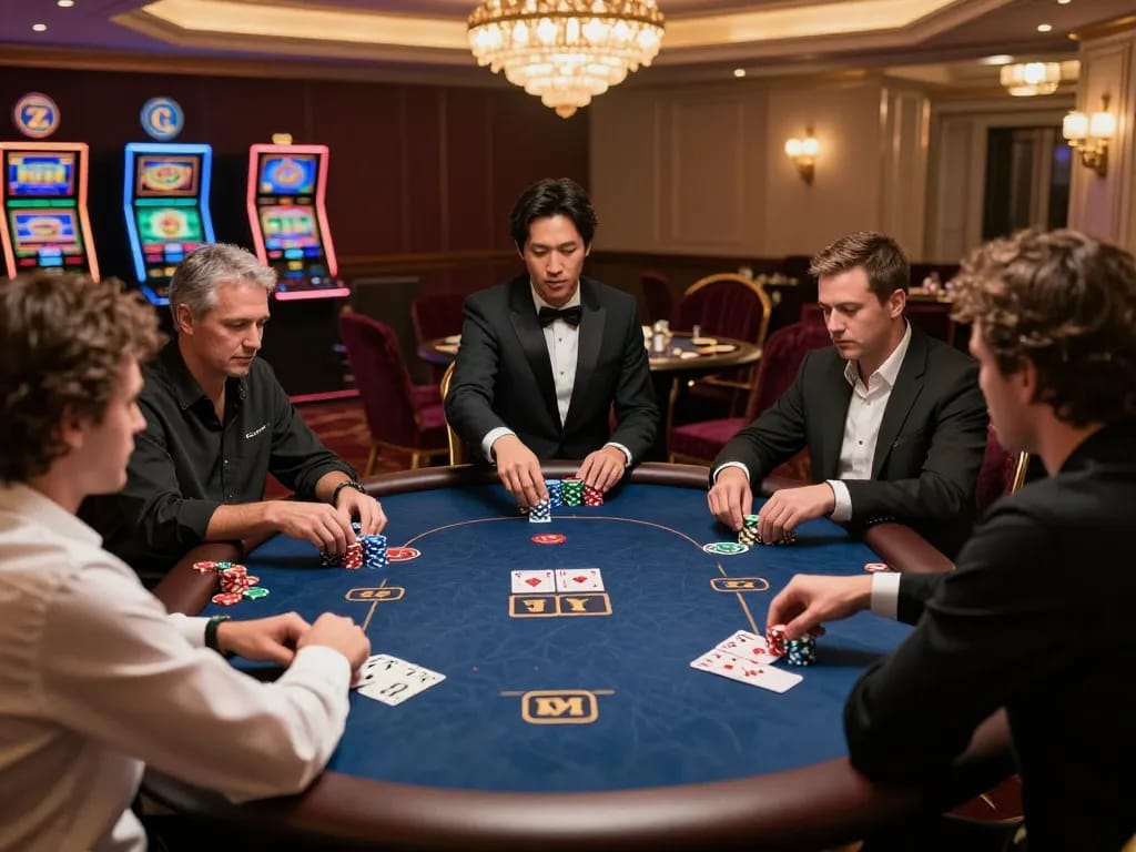 Analyzing poker hands during a high-stakes game at 888VI BET casino, showcasing strategy and excitement.