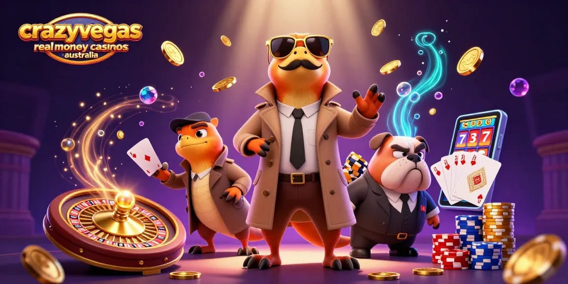 Cascading gems and golden coins surround playful raptors at CrazyVegas real money casinos Australia.