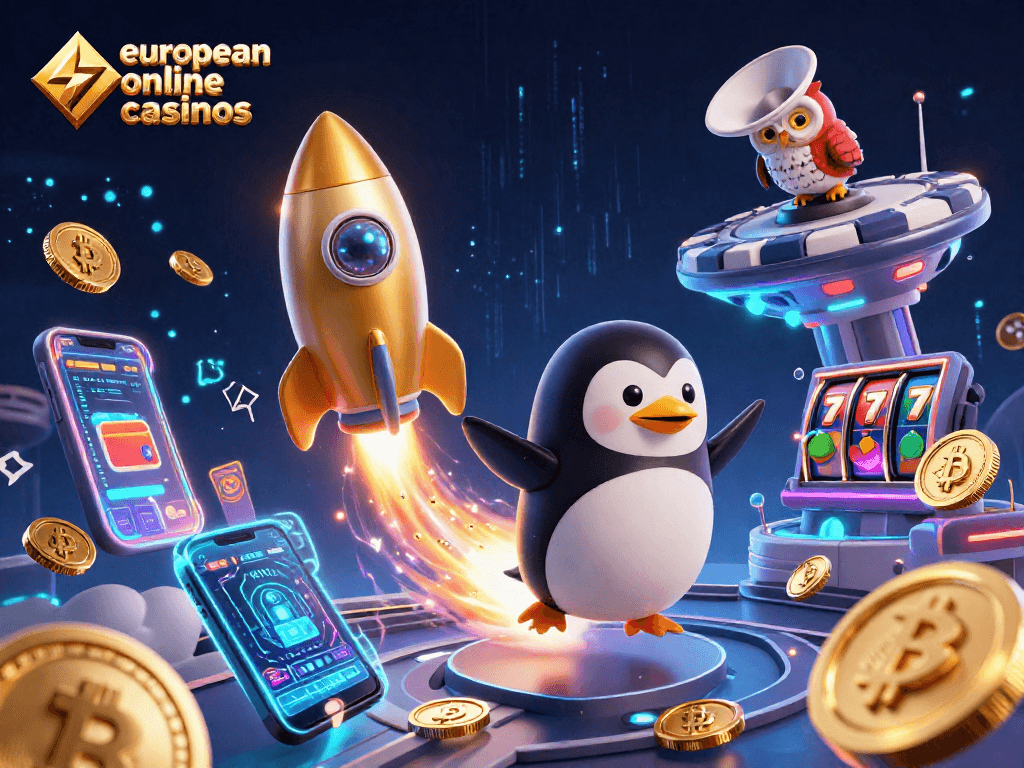 Play at European online casinos with exciting games and crypto features in a vibrant 3D scene.