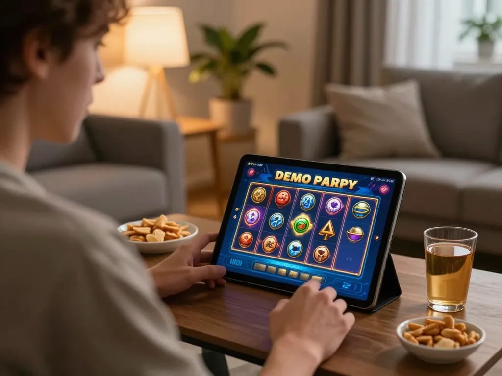 Playing a Demo Slot Pragmatic on a tablet in a cozy home setting with snacks and warm lighting.
