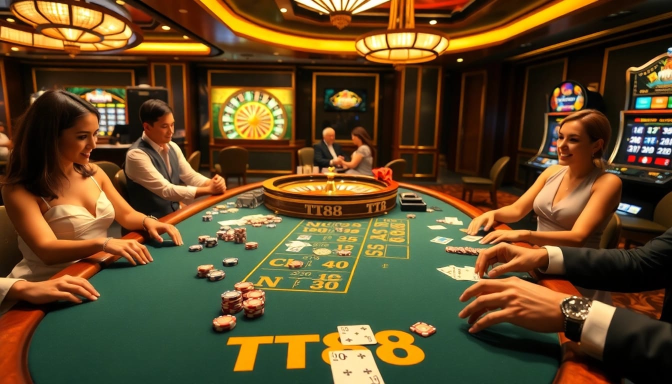 Experience the excitement of gambling at TT88's casino tables with vibrant cards and chips.