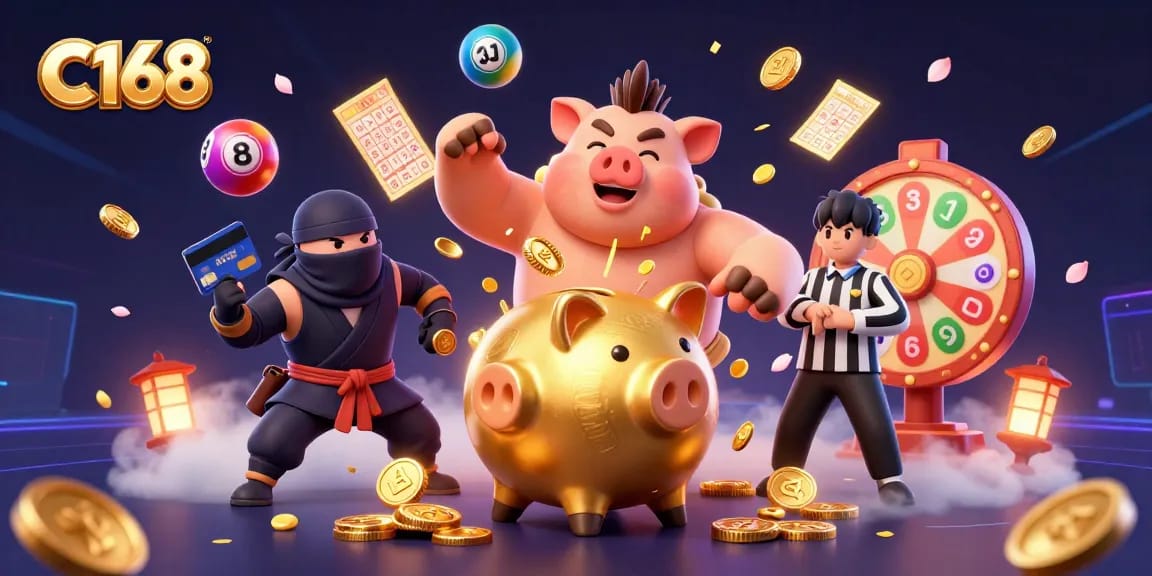 C168 features a dynamic illustration with a piggy bank sumo wrestler surrounded by vibrant casino elements.