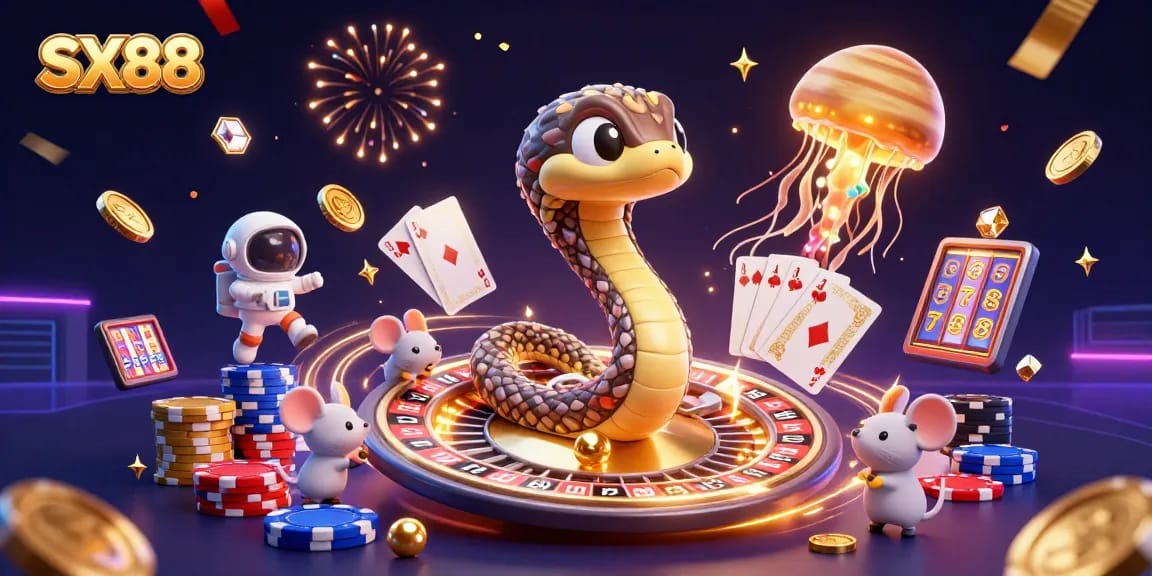 SX88 players enjoying a vibrant casino scene with astronauts betting on rings while a jellyfish dealer oversees the action.