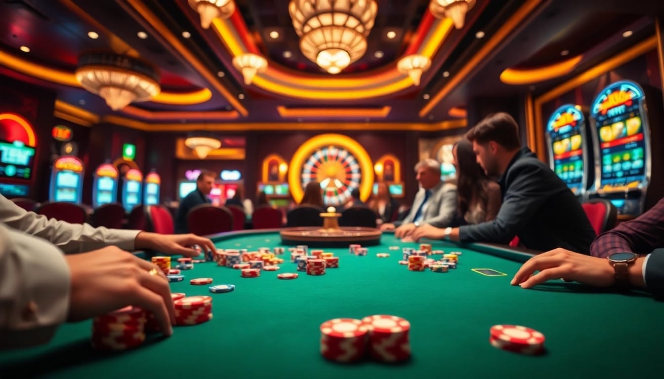 A dynamic poker scene featuring players and colorful chips, highlighting https://vj88.com/ casino excitement.