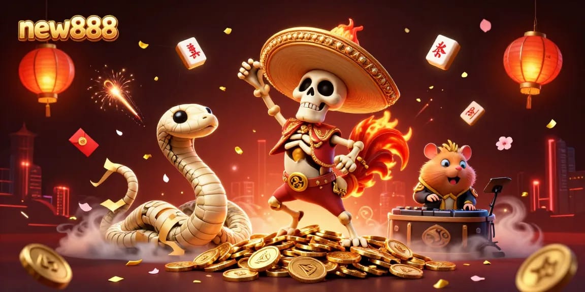 Experience the thrill of new888 with dynamic casino characters celebrating a jackpot on a sea of coins.