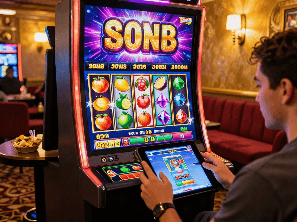 Exciting slot online game being played on a tablet with vibrant graphics and jackpot banner.