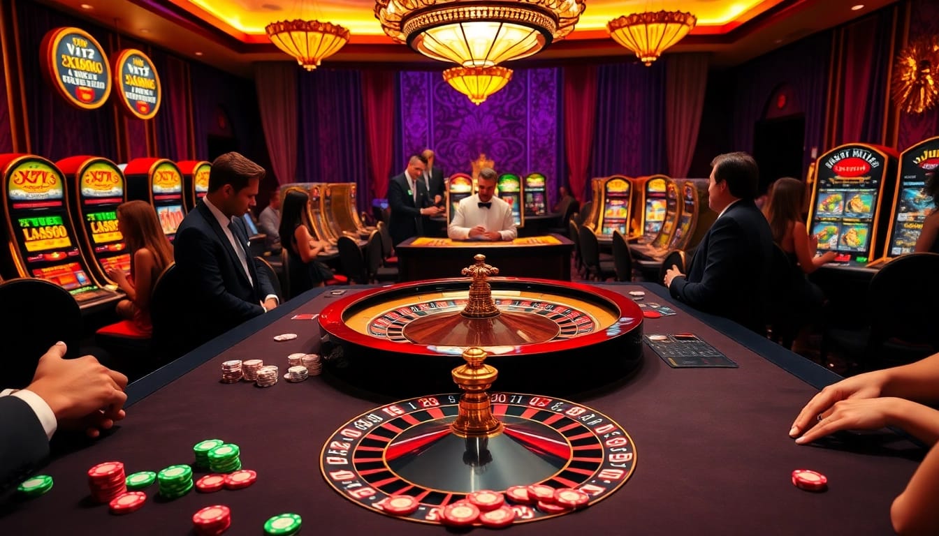 Exciting players engaging in a game at the XX88 casino, highlighted by colorful chips and a spinning roulette.