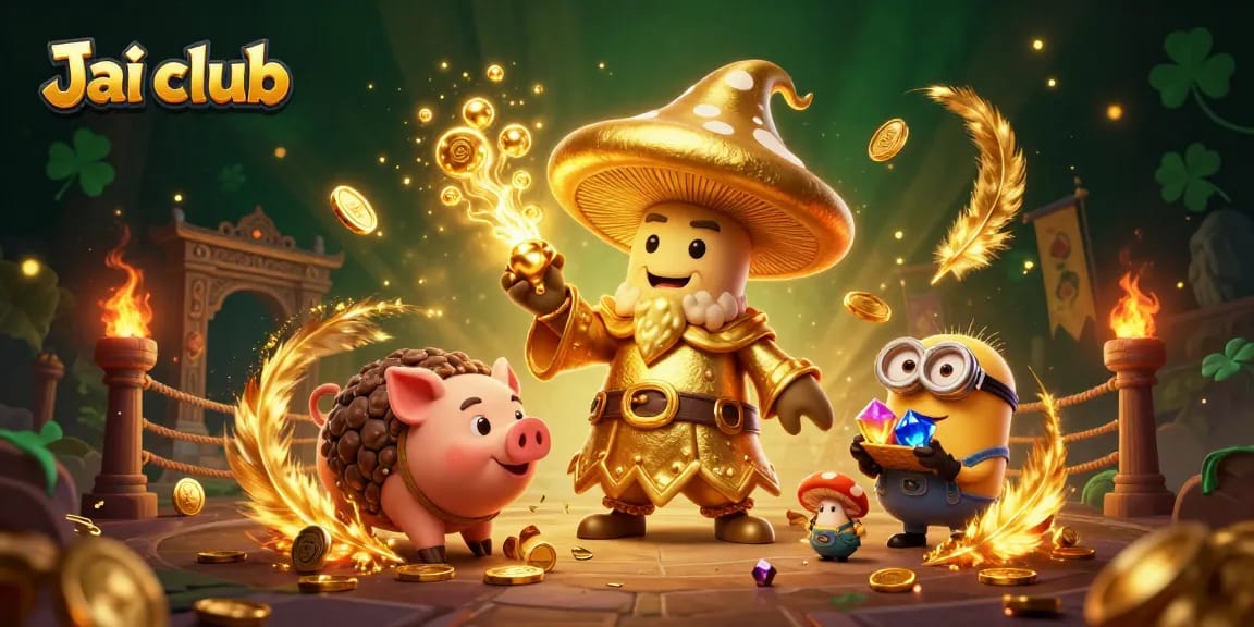 Experience thrilling magic with Jai club's golden mushroom wizard and gems in a vibrant 3D casino scene.