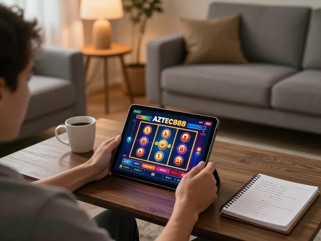 Engaged player exploring the AZTEC888 online casino on a tablet from a cozy home setting.