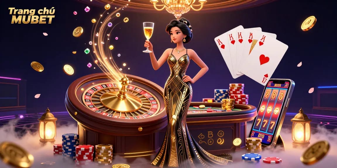 Engage with Trang chủ MUBET's glamorous casino scene featuring an elegant Asian woman, roulette, and casino elements.
