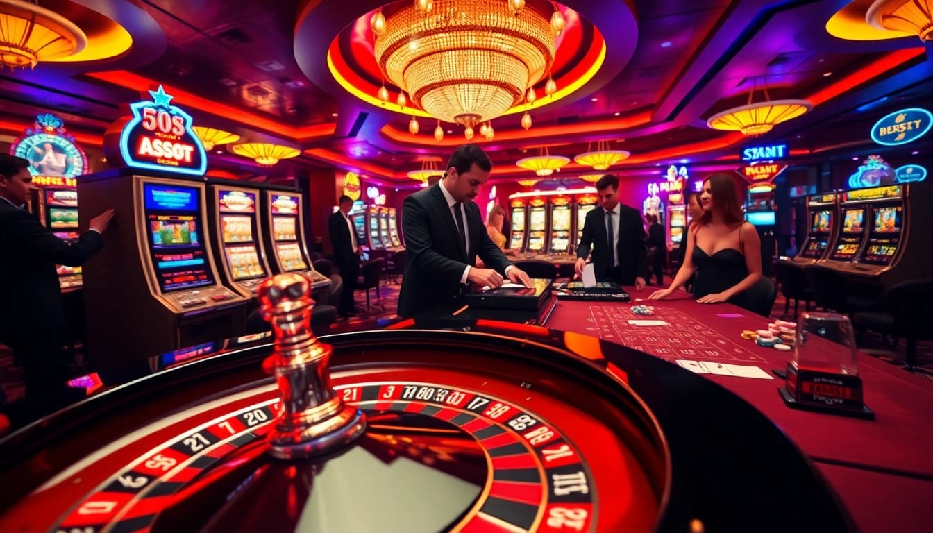 Experience thrilling gaming action at https://8kbest.net/ with a luxurious casino scene featuring roulette and poker tables.