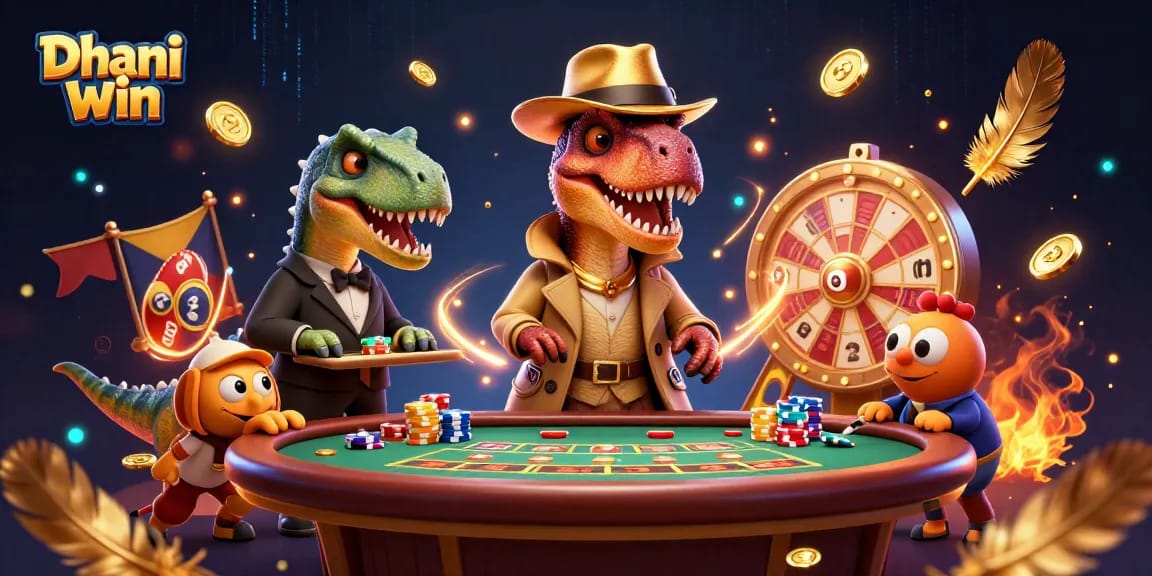 Dhani win gameplay illustration featuring a velociraptor card counter amid dramatic lottery elements and a stegosaurus pit boss