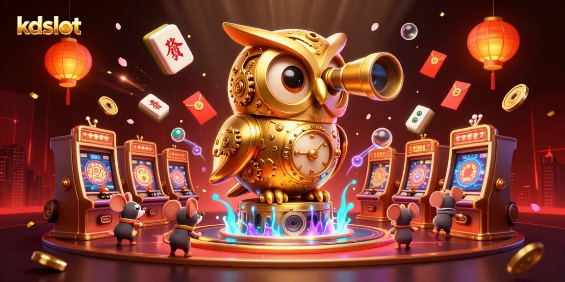 Kdslot offers a thrilling slot experience with a vibrant, magical casino atmosphere, featuring a clockwork owl and lively patrons.