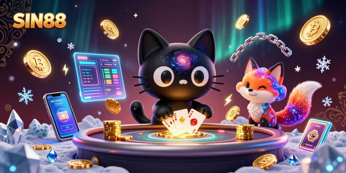 SIN88 immersive cosmic casino scene with vibrant characters and cryptocurrency elements