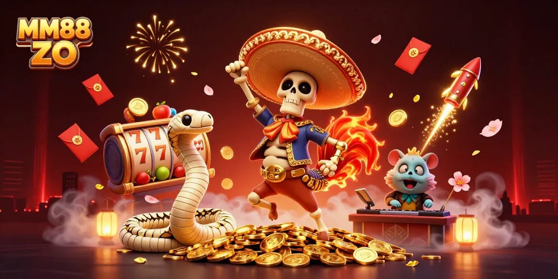 Engage in the thrilling world of MM88 ZO with a vibrant 3D casino scene featuring a celebratory mariachi rooster.