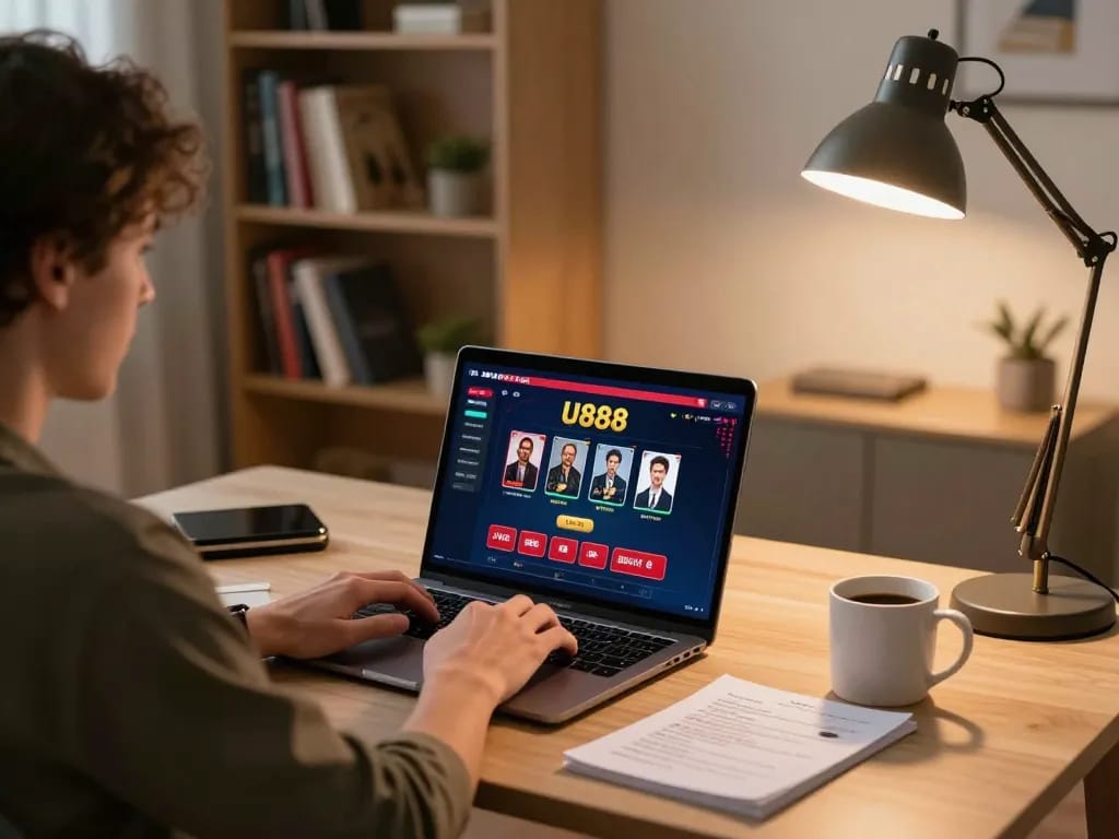 Player engaging with U888 online casino on a laptop amidst strategy notes and a cozy setting.