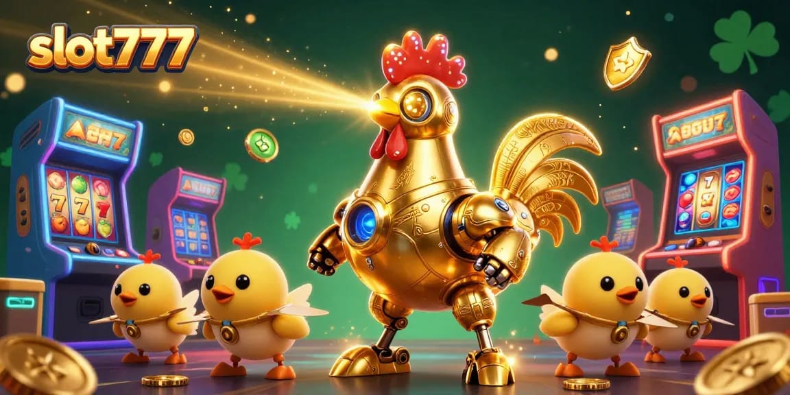 Experience winning slots with slot777's dynamic 3D scene featuring a golden rooster robot and gaming elements.
