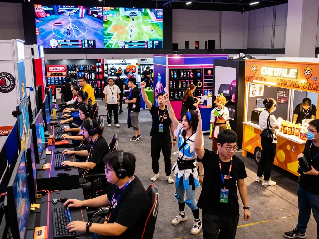 Attendees engaged at the Games Tours Festival showcasing competitive gaming excitement at https://www.gamestoursfestival.com/programme/ with vibrant booths and captivating displays.