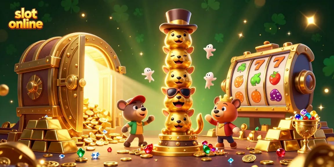 Spin the reels in a vibrant scene showcasing slot online excitement with totem pole characters and treasure.