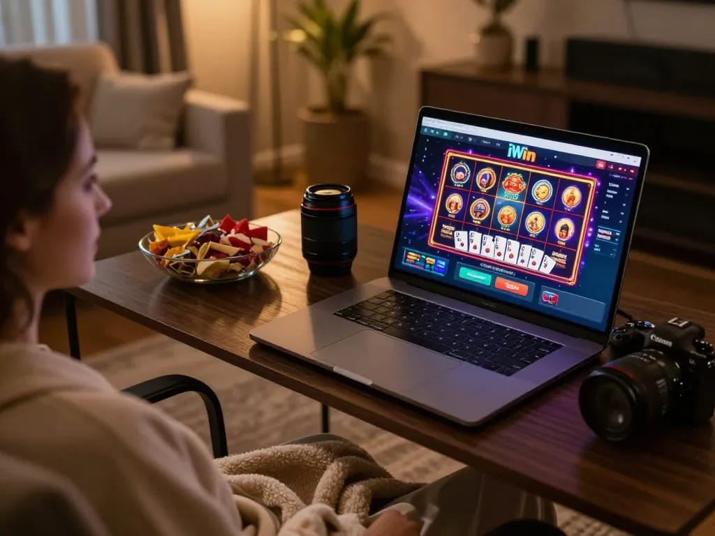iWin casino interface showcased on a sleek laptop, enhancing home gaming experience