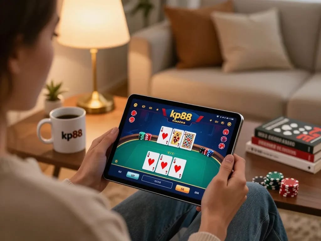 Engaging in online poker gameplay with the kp88 app in a cozy living room