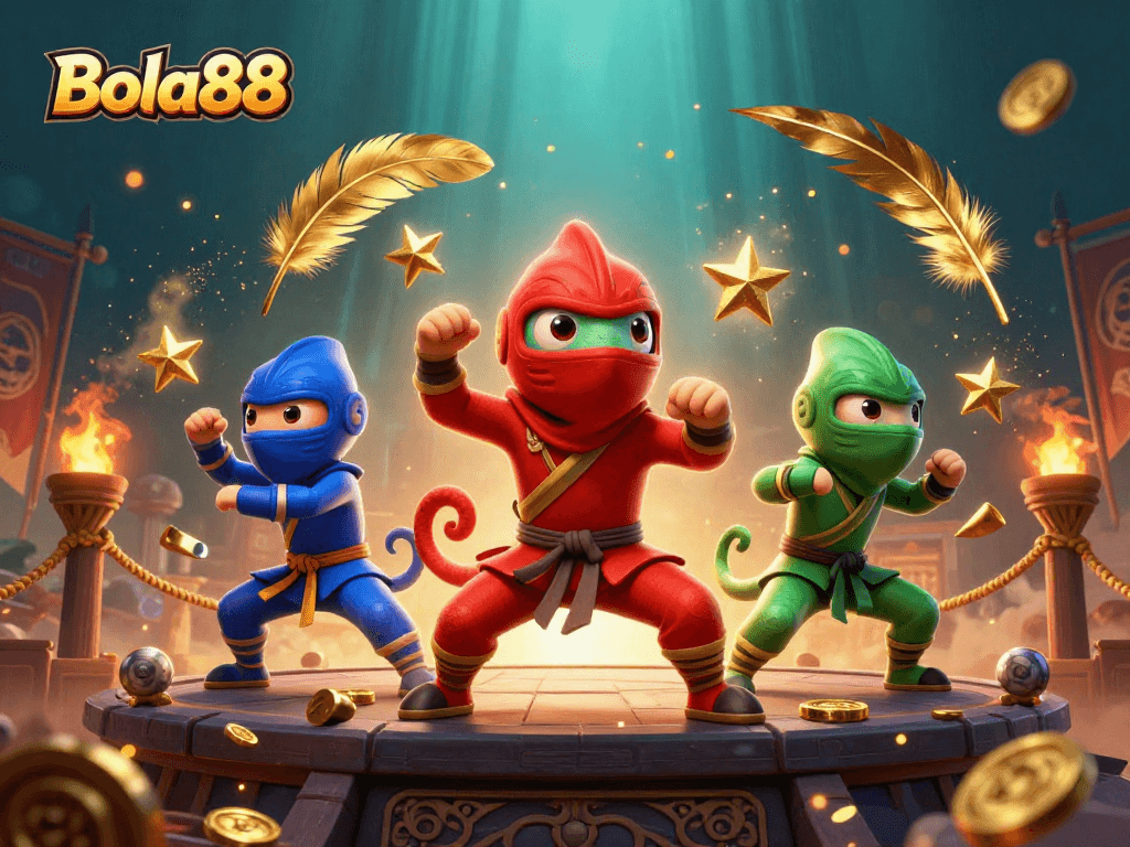 Bola88 menunjukkan keberanian dengan tim ninja chameleon beraksi di arena judi penuh koin dan simbol keberuntungan.