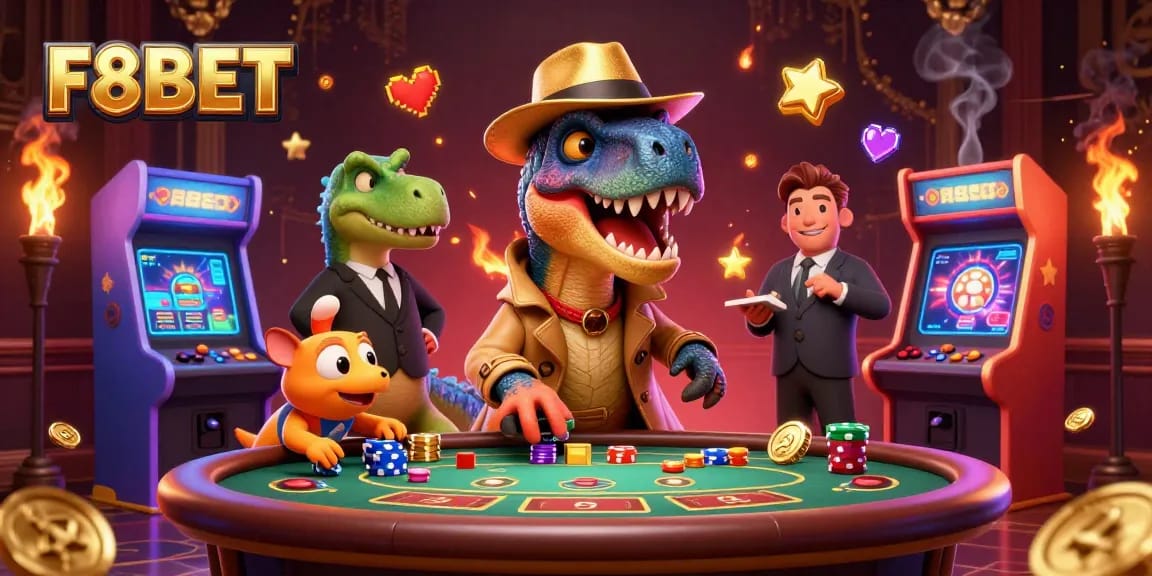 Win big with F8BET in a colorful casino scene showcasing animated characters and gaming elements.