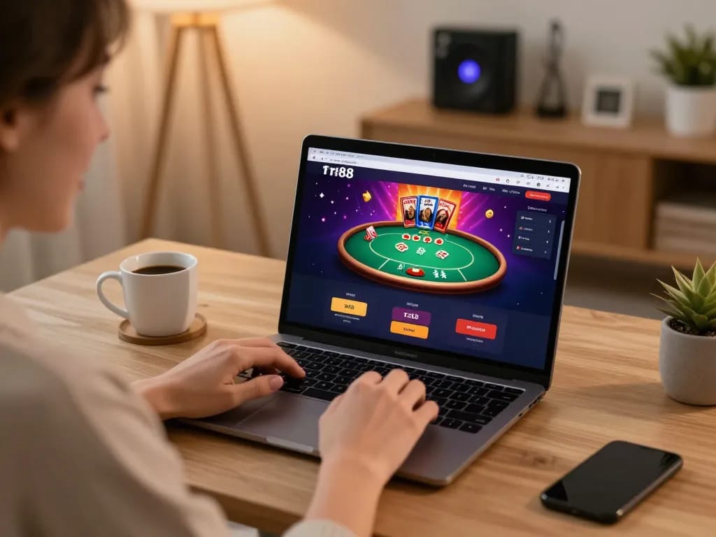 Enjoying tr88 đăng nhập on a laptop in a cozy home setting, highlighting online casino play.