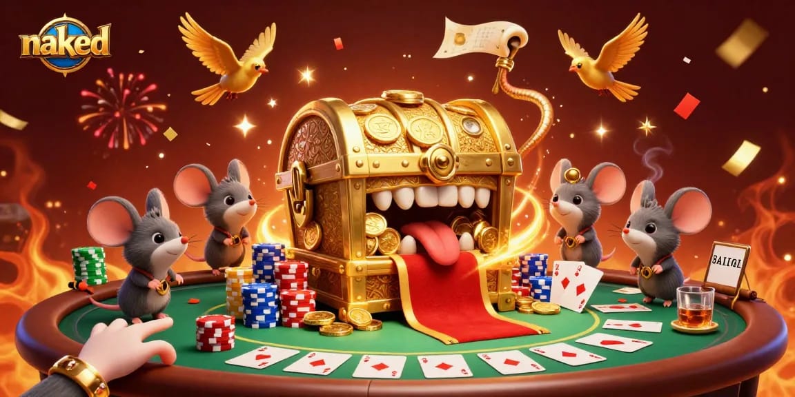 Engage with the naked slot experience featuring a treasure chest animation in a lively casino scene.