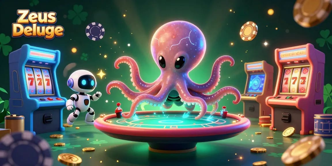 Experience thrilling gameplay with Zeus Deluxe featuring a dynamic 3D octopus and vibrant casino elements.