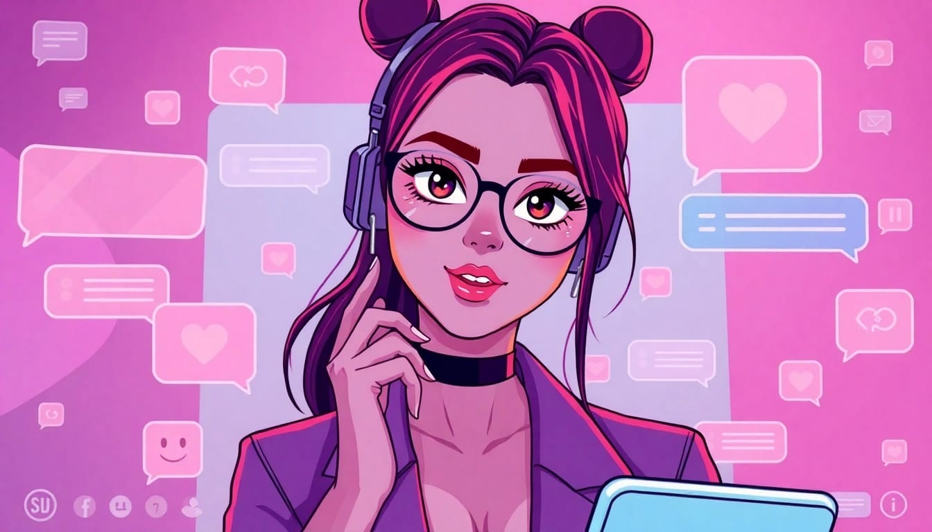 Vibrant NSFW character engaging in playful AI chat with digital elements.
