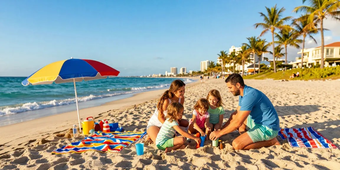 Keluarga di https://miami4d.com/ di pantai Miami, bermain di pasir dan menikmati suasana.