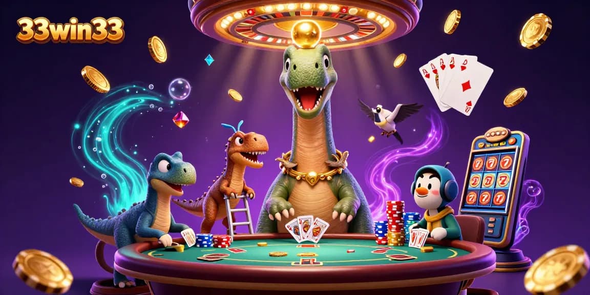 Experience excitement with 33win33 in a lively casino scene featuring a brontosaurus and raptor dealing cards.