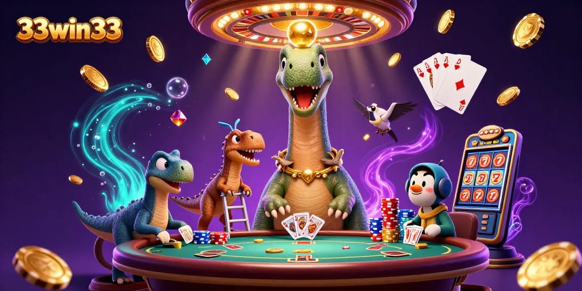 Experience excitement with 33win33 in a lively casino scene featuring a brontosaurus and raptor dealing cards.