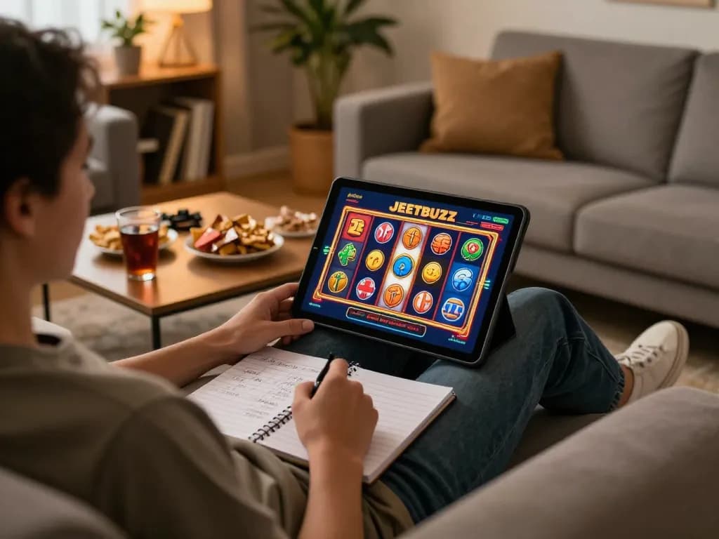 Person enjoying Jeetbuzz online casino games on a tablet in cozy home setting full of gaming strategies.