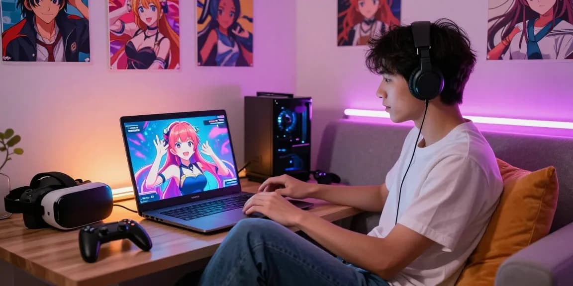 User engaging in a dynamic hentai AI chat on a sleek laptop, surrounded by colorful anime decor and ambient lighting.