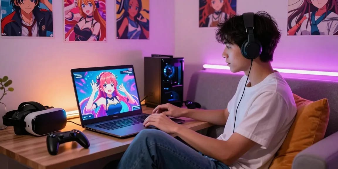 User engaging in a dynamic hentai AI chat on a sleek laptop, surrounded by colorful anime decor and ambient lighting.