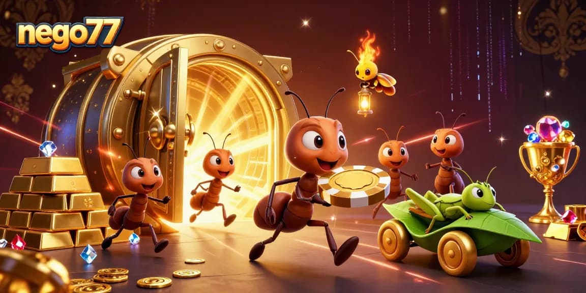 Nego77 showcases a dynamic casino adventure with ants on a heist, capturing excitement and thrill.