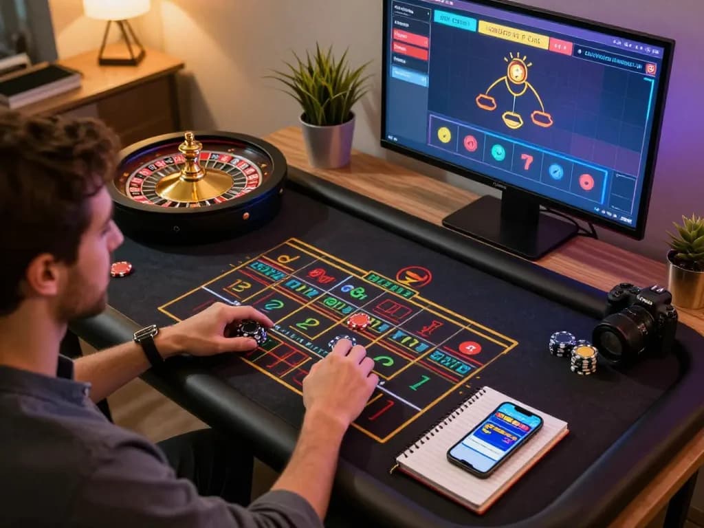 Engaging mm88 online gaming scene, showcasing a player strategizing over roulette and betting in a stylish home office.