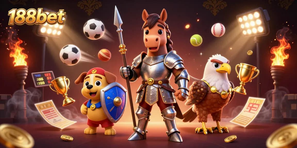 Experience the thrill of 188bet with a dynamic scene of a knight, squire, and falcon surrounded by sports elements.