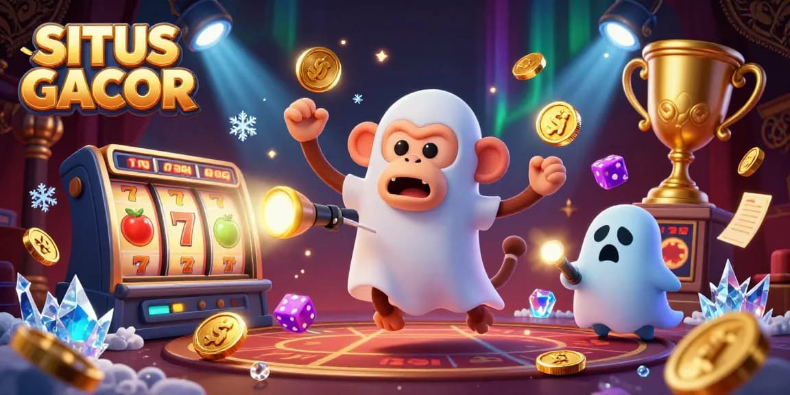 SITUS GACOR: Engagingly depict a playful poltergeist monkey juggling golden casino items in a dynamic haunted casino scene.