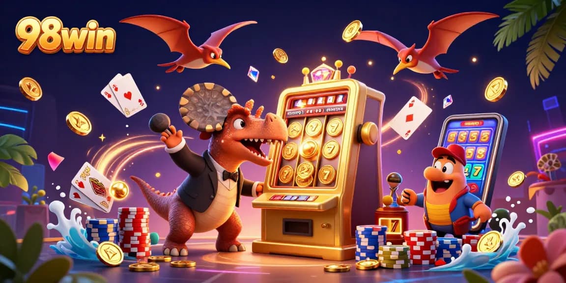 Experience 98win thrills with vibrant cartoon dinosaurs and jackpot excitement in this dynamic casino scene.
