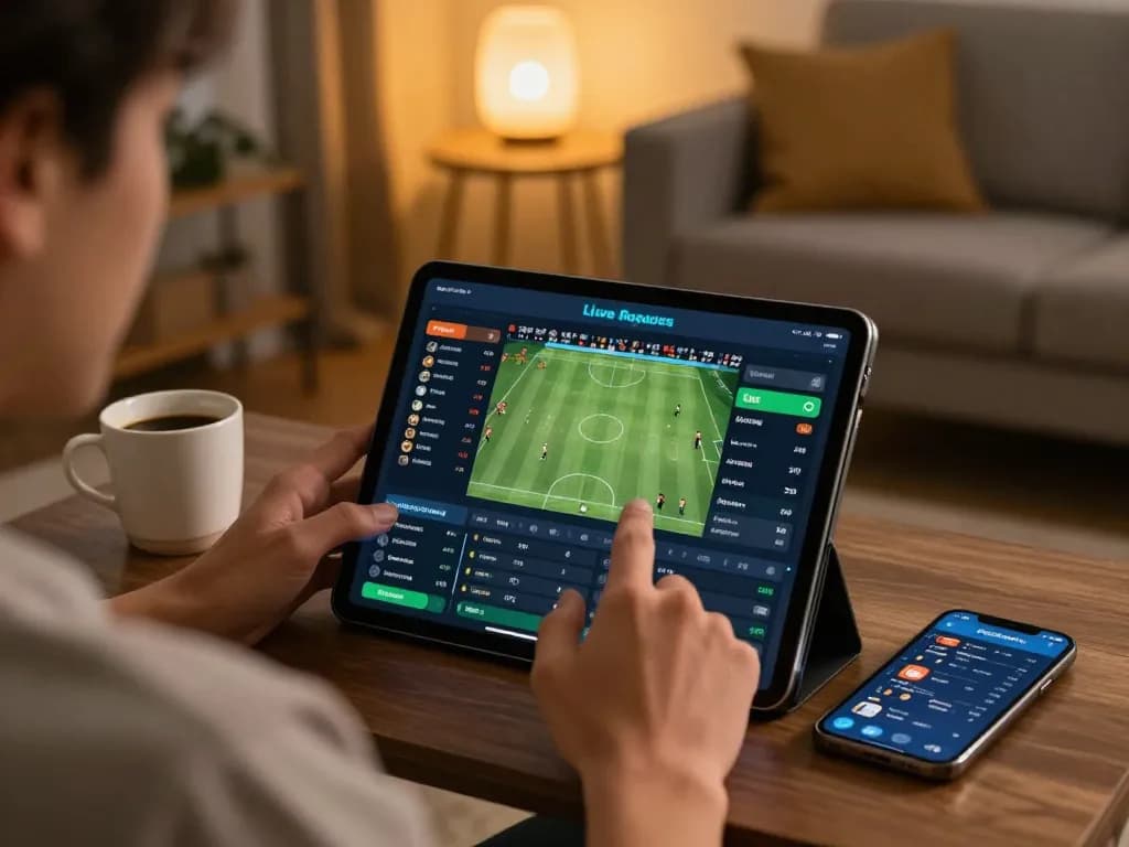 Engage in smart betting strategies at https://goal123.ac/ with a sleek tablet showcasing live odds.