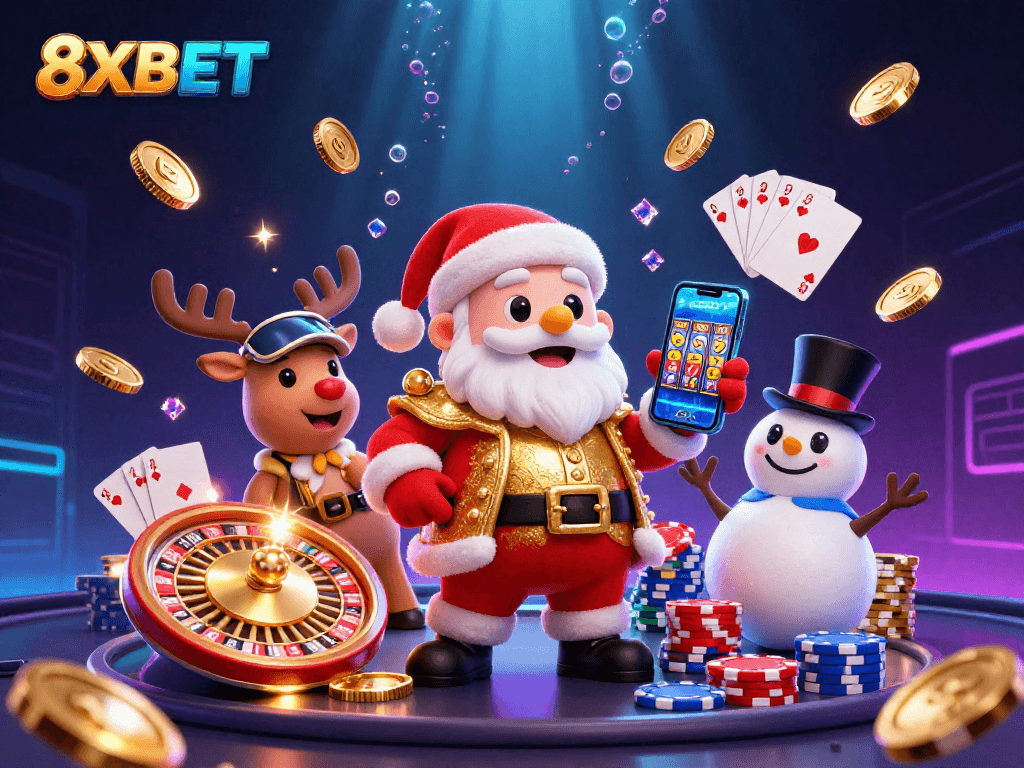 Experience the thrill of winning at 8XBET with a festive casino scene featuring Santa and friends.