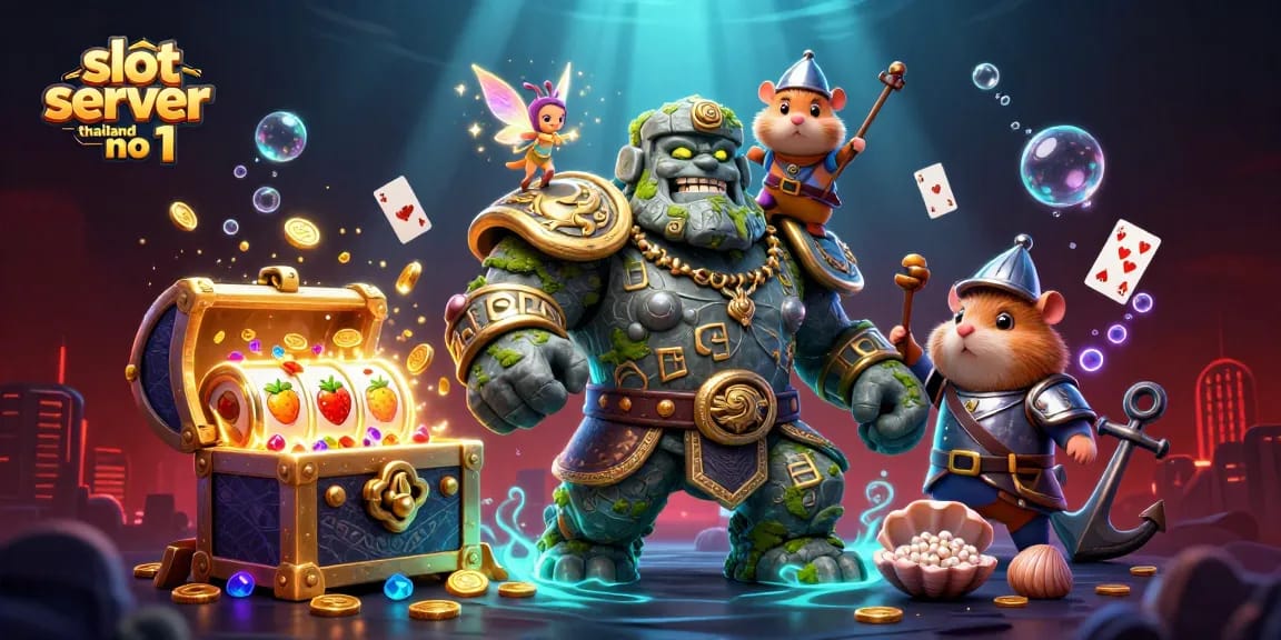 Win big with slot server thailand no 1 in this vibrant casino scene showcasing thrilling slots and magical characters.