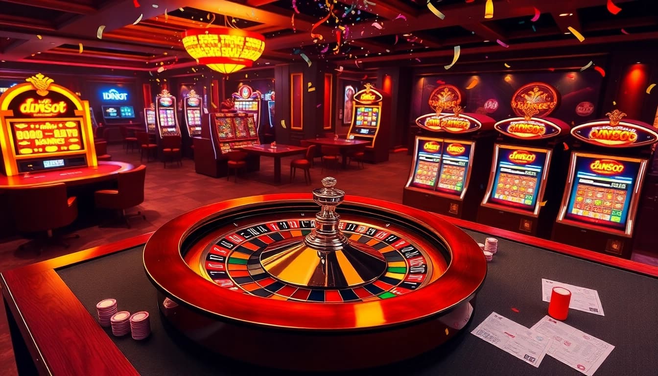 Exciting scene of idnslot gameplay with vibrant casino elements showcasing spinning roulette and jackpots.