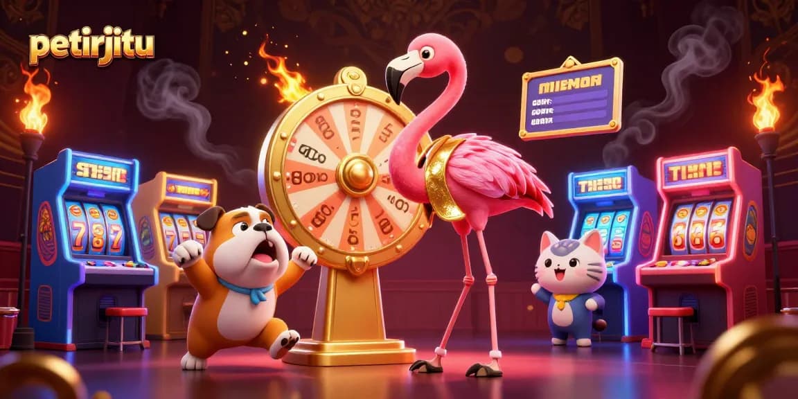 Petirjitu menghadirkan suasana ramai dengan karakter flamingo dan bulldog dalam permainan kemenangan.