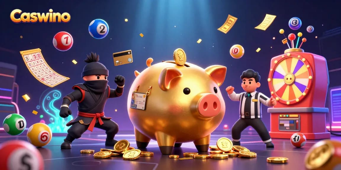 Experience Caswino's vibrant gambling action with animated characters in a dynamic casino scene.