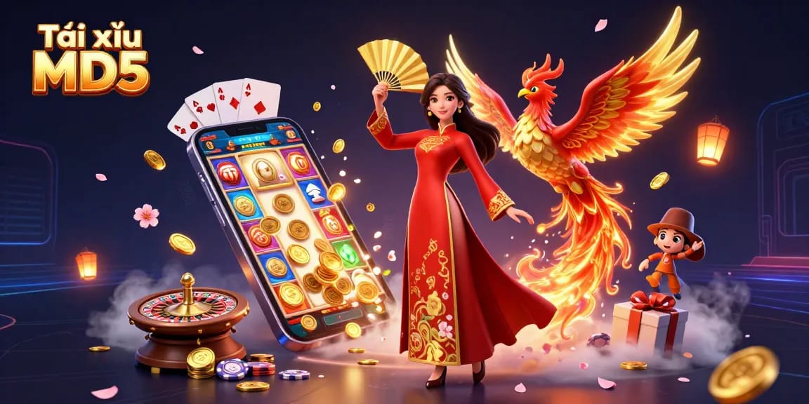 Tài xỉu MD5 offers an exciting gaming experience featuring a beautiful woman in Vietnamese dress and phoenix among casino elements
