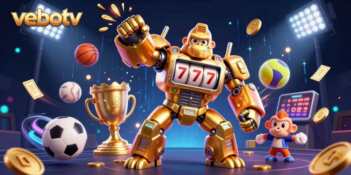 Experience thrilling gameplay with vebotv featuring a dynamic 3D golden gorilla mech bursting coins.